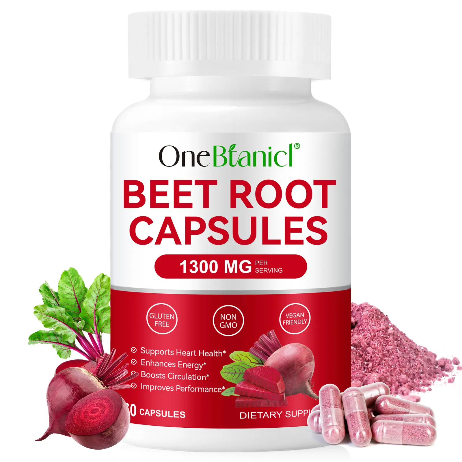 OneBtanicl Beet Root Capsules, 1300mg Per Serving, Beetroot Powder Supports Blood Pressure, Athletic Performance, Digestive, Immune System, 60 Capsules, 30-Day Supply