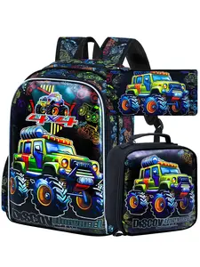 3pcs Cool 4x4 Monster Truck Backpack Set for Boys, Bigwheel Print School Backpack, Insulated Lunch Bag & Pencil Pouch, Lightweight Bookbag, Adjustable Backpack
