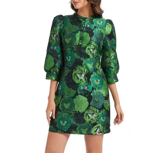 Ladyful Women's Floral Jacquard Dress Crewneck 3/4 Puff Sleeve Button Up Elegant Business Shift Mini Dress