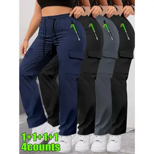 Women's 4-Pack Zipper Pocket Cargo Pants – Elastic Waist Hiking Trousers, Multi-Pocket Casual Outdoor Pants, Lightweight Breathable for Travel & Daily – Plus Size, 4 Colors