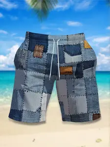 Men's Patchwork Denim Shorts, Summer Tropical Beach Casual Pants, Multi-Color Block Design, Drawstring Waist, Comfortable Breathable, Slim-Fit