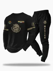 Men's Letter Print Long Sleeve Top and Drawstring Sweatpants Set, Eagle Design Mexico Letters, Casual Comfortable Daily Wear Clothes