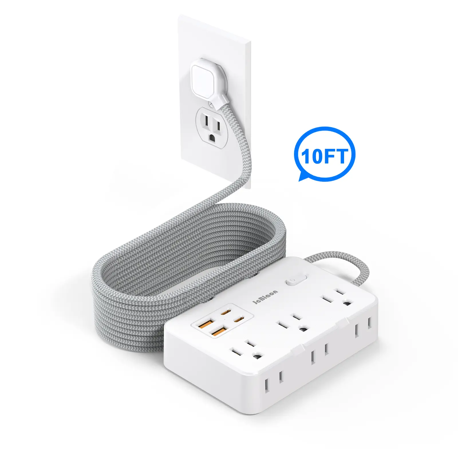 Power Strip Surge Protector - 6 Widely Outlets with 4 USB Ports (2 USB C), 2-Side Outlet Extender Strip, 10 Ft Braided Extension Cord Flat Plug.