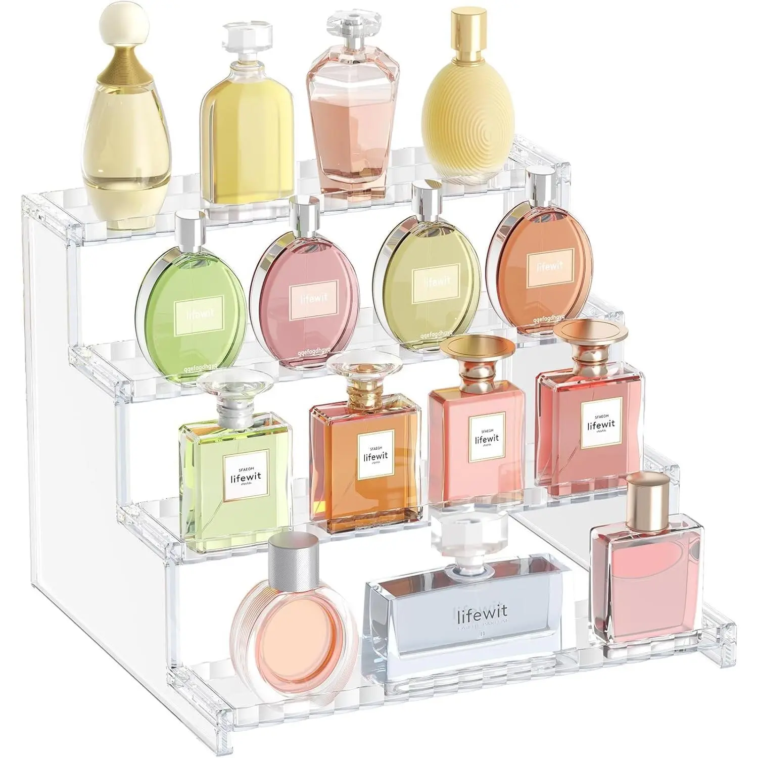 Acrylic Display Stand 3 Tier Clear Organizer Shelf for Bathroom Vanity Skincare Makeup Perfume Dessert Rack Counter Storage Transparent Plexiglass Riser Small Product Showcase
