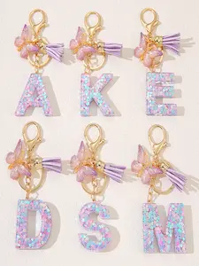 1pc/Initial keychain accessories - Cute gradient-colored letter key ring chain pendants - Pink butterfly tassel bag charms - Car pendant - Best gift choice - Keychain For Bags