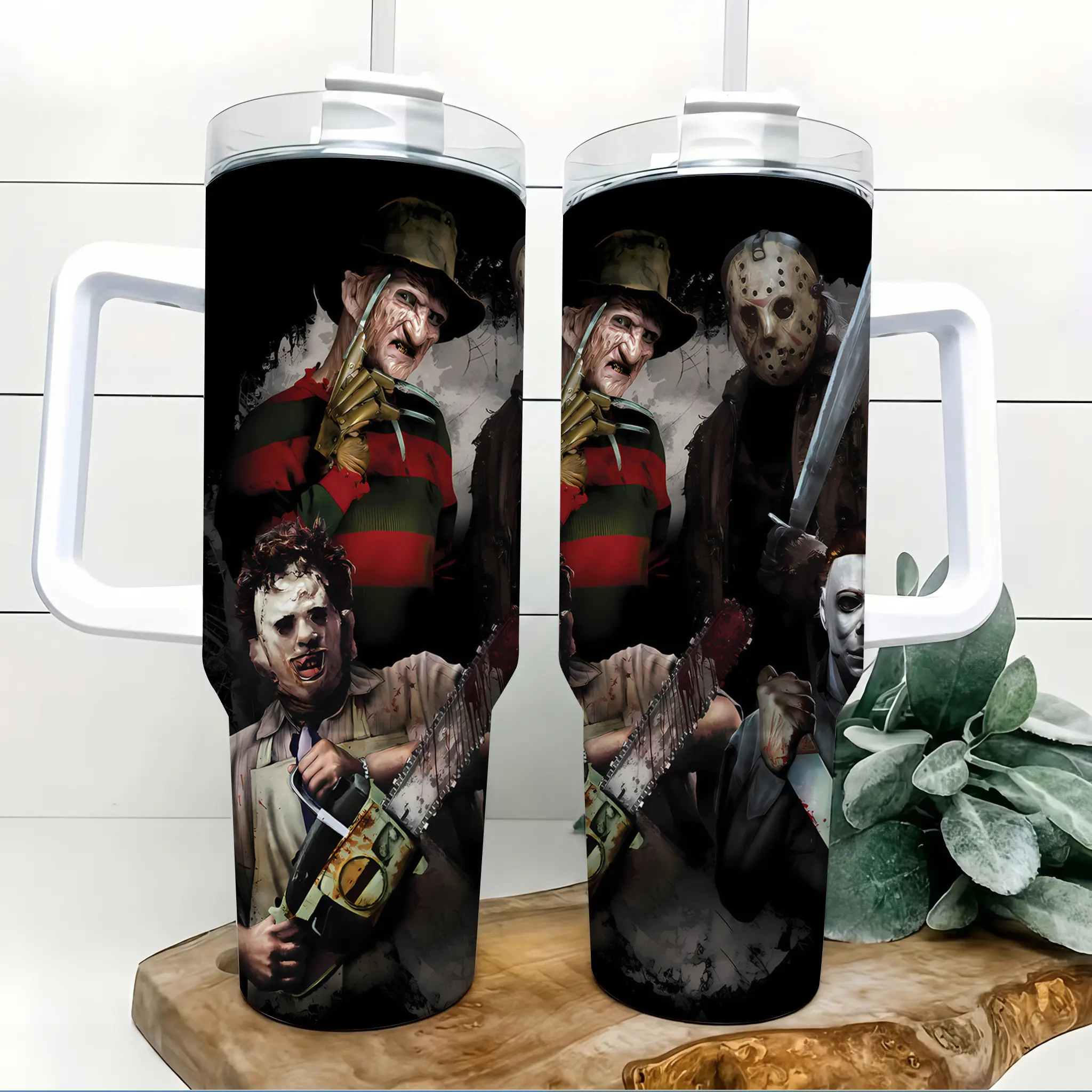 Classic Horror Slasher Villain Collage 40oz Insulated Tumbler with Handle and Straw Masked Killer Nightmare Movie Art Stainless Steel Water Bottle Travel Mug for Gym Car Commute Halloween Birthday Gift