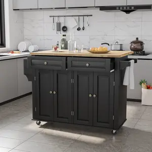 Rolling Kitchen Island with Drop Leaf – Movable Kitchen Carts on Wheels Island with Storage Cabinet, Island Table for Kitchen with Rubber Wood Top and Rack and Drawer, Matte, Black