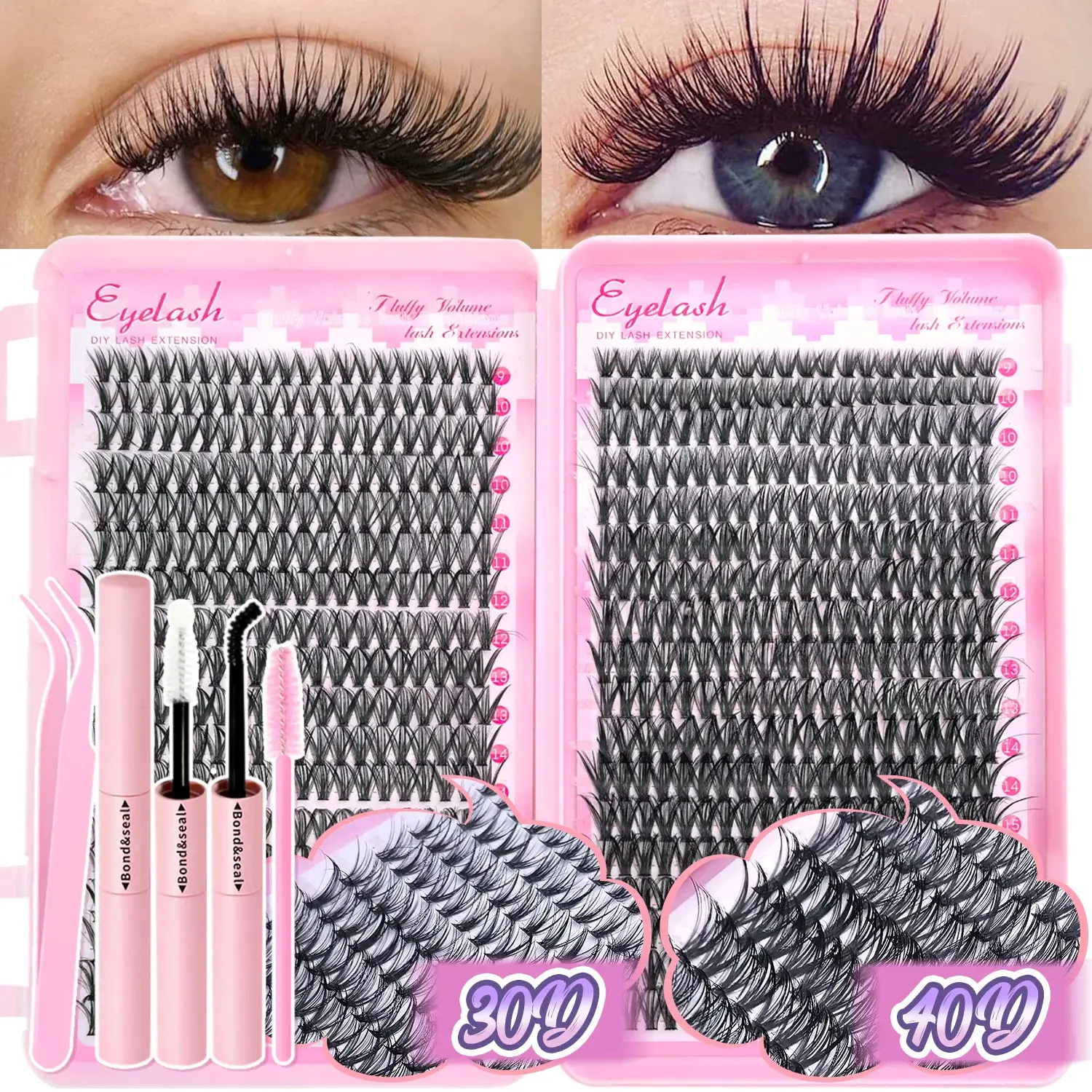 DIY Lash Extensions Kit - At-Home False Eyelash Extensions with 9-16mm Synthetic Gentle Manga Lash Clusters, Bond & Seal, Makeup Tool, Suitable for All Skin Types, Eyelashes Extensions, False Eyelashes Extensions