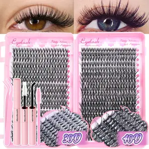 DIY Lash Extensions Kit - At-Home Natural Wispy False Eyelashes Extensions (9-16mm Glue Lash Clusters) with Bond & Seal, Makeup Tool
