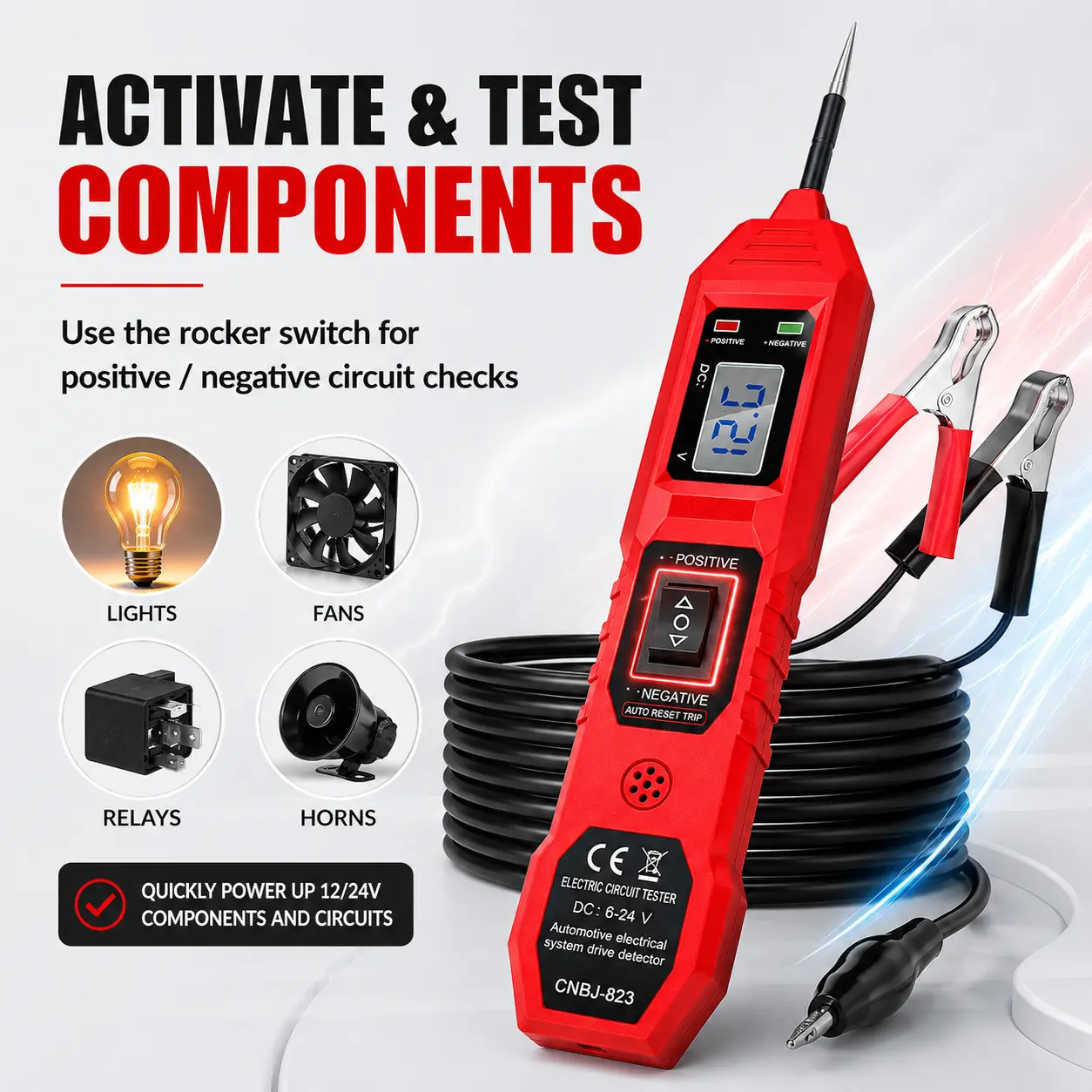 6-24V Automotive Circuit Tester, DC Electrical System Diagnostic Probe Tool with Digital LCD Voltage Display, Polarity Indicator, Continuity Check, Auto Reset Protection, Long Test Lead for Cars Trucks Motorcycles