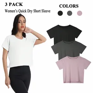 3 Packs Women's Q Crop Top Short Sleeve Athletic Workout Yoga Running Gym Casual Tees T-Shirts Loose Fit summerwins