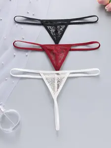 3-Pack Sexy Lace Thongs for Women, Low-Waist Semi-Sheer Strappy Panties, Seamless Lingerie