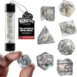 Monster Gelatinous Premium Dice Set- 7 Clear Polyhedral Dice Set w Cubes Victim & Treasure Within- Handmade Premium Resin Infused w Luck- Compatible w D&D Dungeons Dragons MTG Magic & All RPG Games
