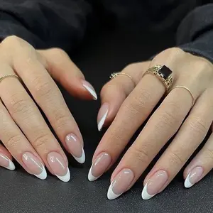 French Electroplated Almond Press-On Nails, French Tips Nails, 24 Pieces with Jelly Glue and Nail File, Perfect for Festive Wear, Daily Use, School, Office, Party
