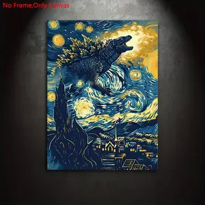 1 Piece/Set Frameless Canvas Painting Print Poster,Classic Fantasy Parody Mashup Humor Funny Playful Pop Art,Vincent Van Gojira,Perfect Gift For Monster Fans,Bedroom,Study,Office,Studio,Living Room,Dorm Hallway,Kitchen,Mural,Wall Decoration,Room Decor