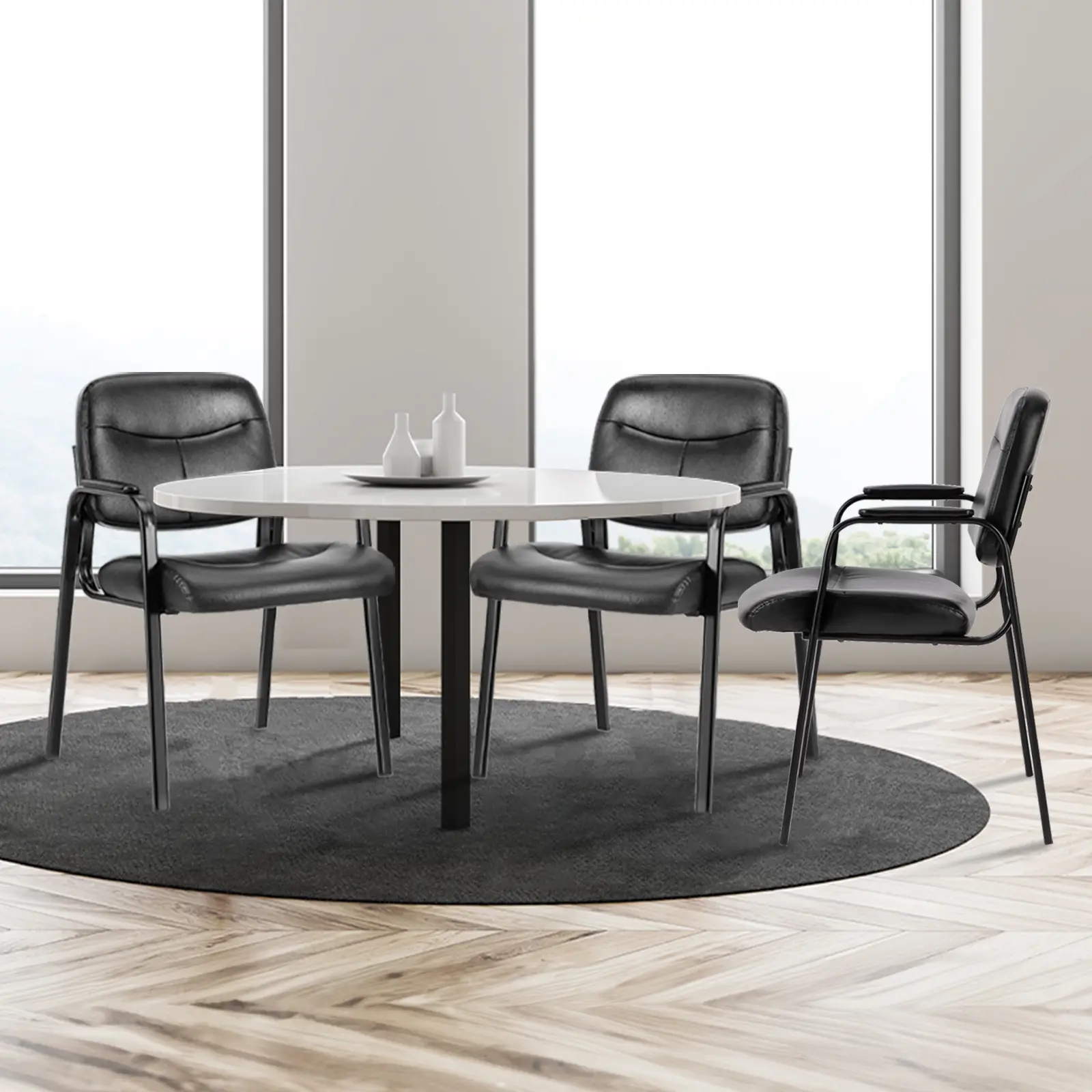 Modern Leather Dual-Arm Office Desk Armchair - Steel Frame, Arthritis-Friendly Backrest, Fully Padded Chair, Padded Arms, No Wheels, Black Commercial Office Furniture for Waiting Room/Reception Use