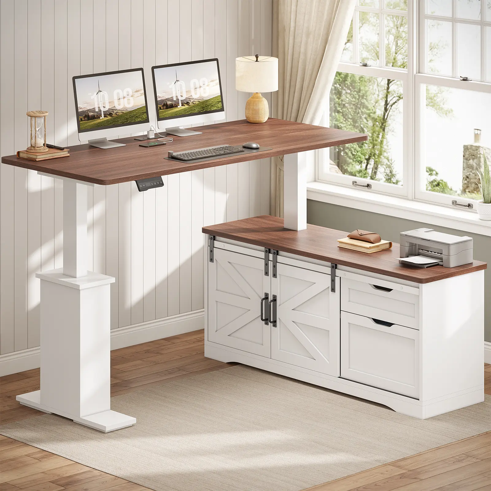 Sedeta 55-Inch Adjustable Height Electric Standing Desk - Farmhouse L-Shaped Commercial Office Furniture with Sturdy Base, Storage Drawers, Power Outlets, Dual Monitor Setup, Ergonomic All-In-1 Multi-Position Design (Standing Desks Collection), Drawer Sto