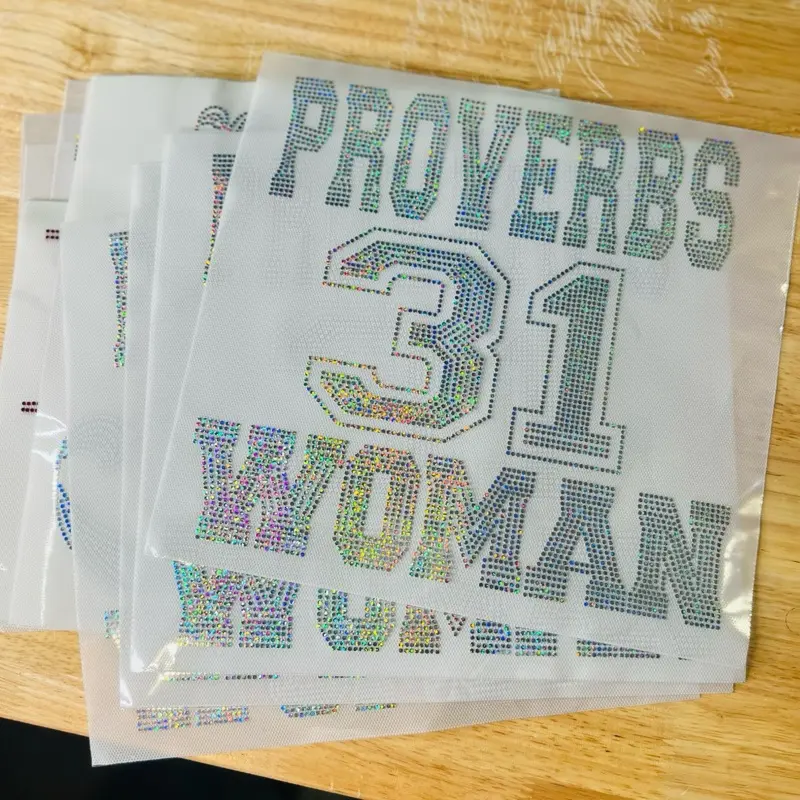 PROVERBS 31 WOMAN bling transfers. Iron On Heat Press, Includes Various Graphics and Decorative Elements   Heat press temperature 300 for 15 seconds . Cool For 10 seconds and peel.