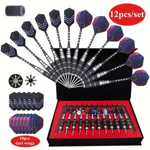 12pcs/Set Darts Metal Tip Set Professional Metal Darts for Dartboard Steel Tip Darts with Nonslip Iron Barrel Aluminum Dart Shafts, Extra Flights, Dart Sharpener, Gift Box - darts sets perfect for training and tournaments!