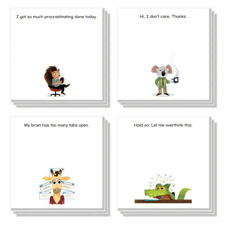 4pcs Humorous Office Sticky Notes Set, 3x3 Inches, 50 Sheets Per Pad, Funny Cartoon Quotes, Decorative Stickers, Sarcastic Office Stickers, Ideal for School, Home, Gifts, Adhesive Stickers