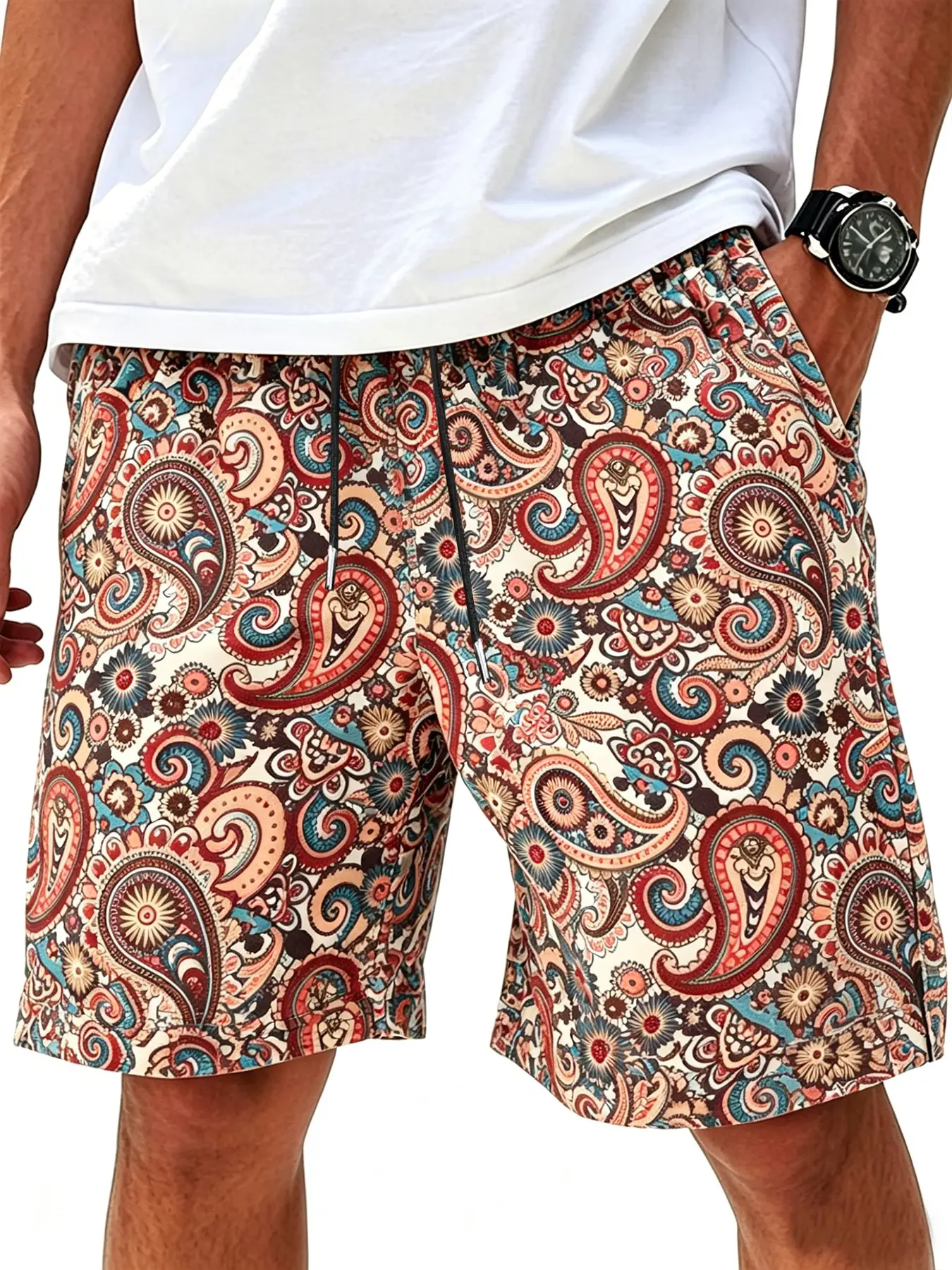Summer Men's Floral Paisley Drawstring Waist Casual Shorts, Casual Summer Bottoms, Comfortable Fashion Design for Daily Use, Stylish Short Pants for Summer Wear