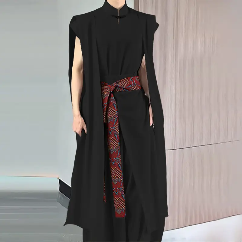 INCERUN Men's Sleeveless Floor-Length Cape Vest, Minimalist Modern Warrior Tunic with Stand Collar and Single Fasten, Contemporary Dance, Cape Wings, Elegant, Art Events