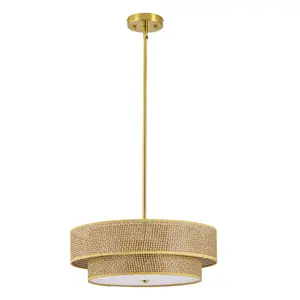 17" Boho Rattan & Linen Semi Flush Mount Ceiling Light, Double-Layer Drum Pendant Lamp with Brass Finish, Farmhouse Coastal Artwork Chandelier for Bedroom, Living Room, Artwork Chandeliers
