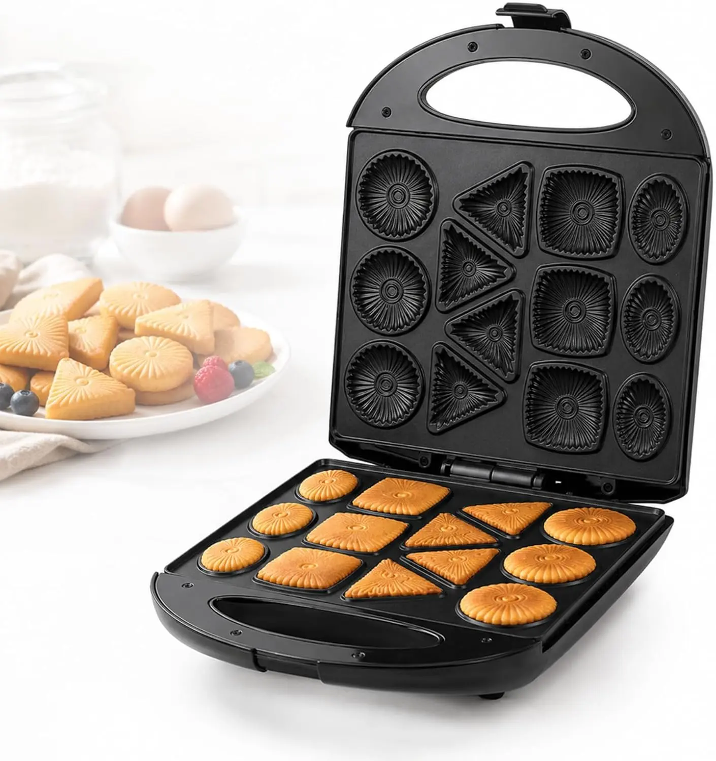 Compact Countertop Biscuit Maker - Multi-Functional Kitchen Appliance with Double Heating, Non-Stick Surface, Multiple Shapes, 13 Cavities, Makes 13 Cookies, Walnut Cookies, Mini Donuts, Homemade Snacks