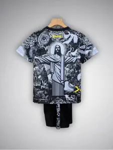 Men's Brazil Jesus Casual Short Sleeve Floral Shorts Set, Breathable Fitted Fashion Top with Pants, Sport Two-Piece Set, Comfort Drawstring Waist, Outfit