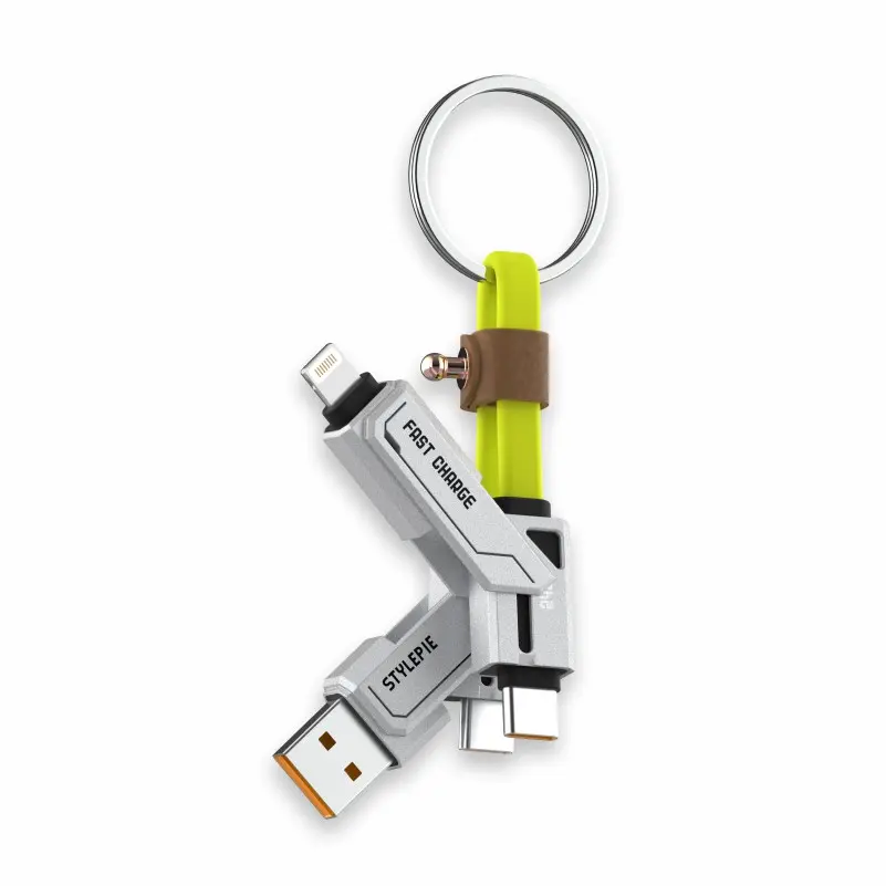 STYLEPIE 240W Nylon Fiber 4-in-1 Short-Section Portable Keychain Data Cable - UK Type, PD27W Fast Charging & Sync, for iPhone/Android/Huawei Mobile Smartphones, Type-C, with Manufacturer Warranty, Smartphone