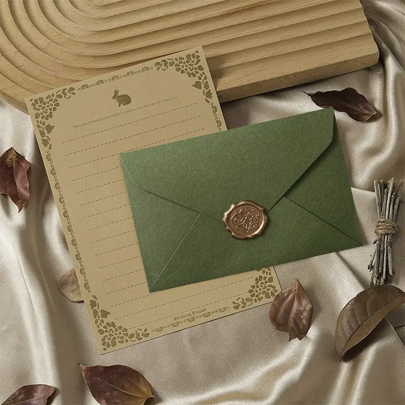 Vintage Leather Color Rabbit motifs Stationery Set, Olive Envelopes, European Wax Seal, Vintage Paper, Writing Paper, Perfect for Birthdays, New Year, Invitations, Handwritten Letters, Postal Supplies