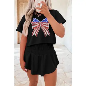 Black Sequin American Flag Bow Pattern Tee and Skort Set
