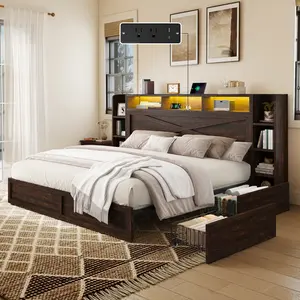 [Memorialday][Ships in 2 Boxes] AMERLIFE 45'' Farmhouse Bed Frame with Bookcase Headboard, LED Bed Frame with Side Shelves & Underbed Drawers, Wood Platform Bed with Charging Station
