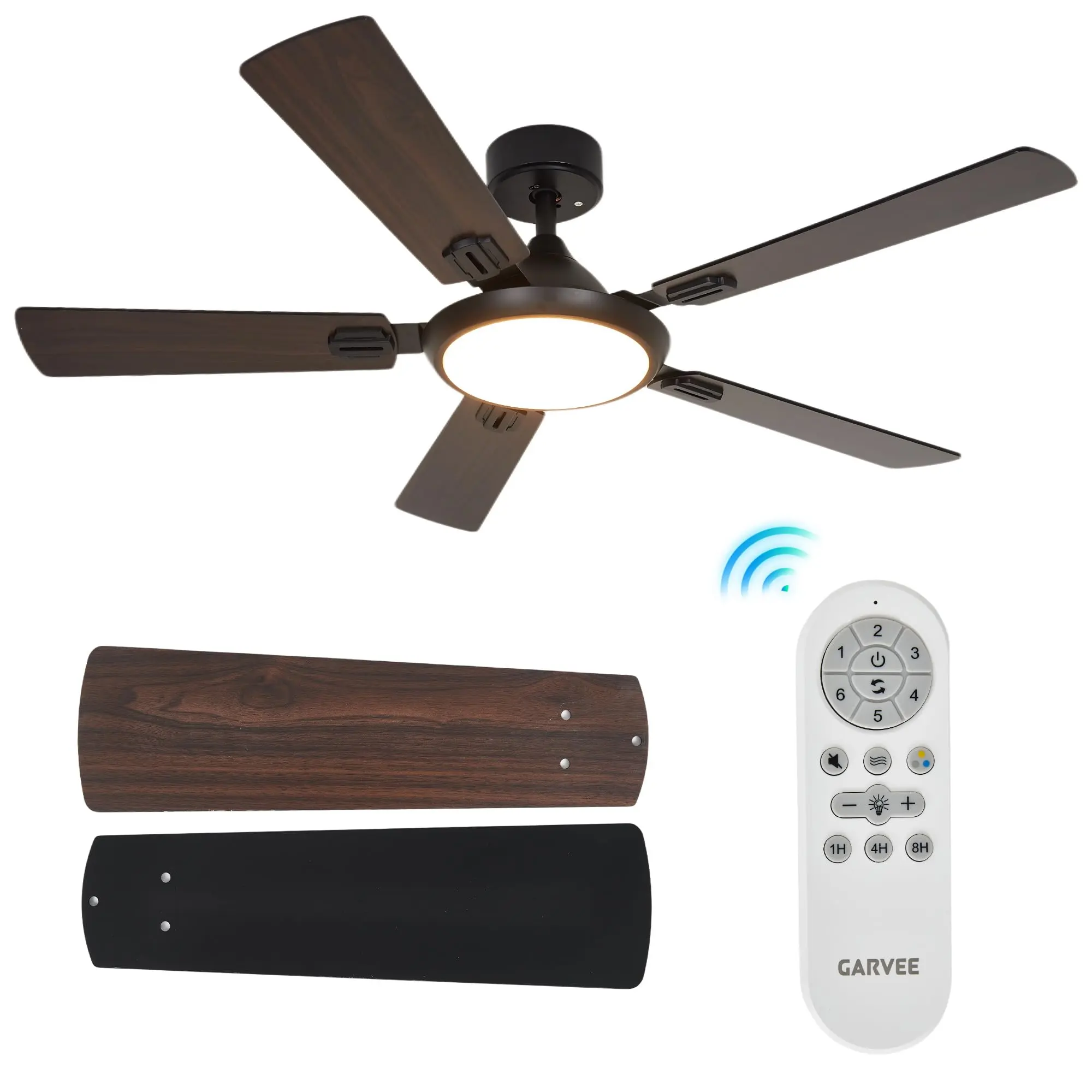 52-Inch Modern Ceiling Fan with Light - 5-Blade Iron & Plywood, 10-100% Dimming 3-Color LED Mood, Quiet Reversible 6-Speed DC Motor Remote Set, Energy Efficient, Flush/Downrod Fit - Bedroom, Living Room