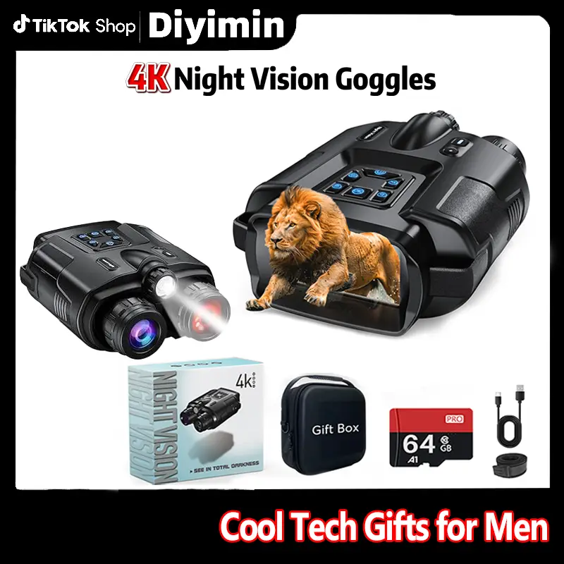 4K Infrared Night Vision Binoculars for Adults - 3” Large Screen, 8X Digital Zoom, Tactical Light, and 64GB Card - Perfect for Camping & Security