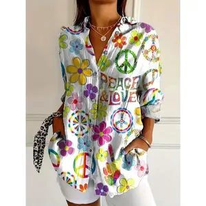 Women's Bohemian style printed long sleeved shirt with vibrant peace love design and casual buttons for all seasonsRAIMENTRY