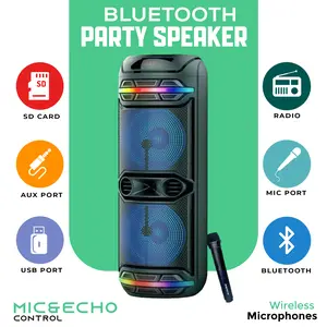 Audiobox ABX-2140R Dual 12" Bluetooth Party Speaker with 200W Clear Bass, LED Light Show, UHF Wireless Mic, Rechargeable Battery, USB/SD/AUX