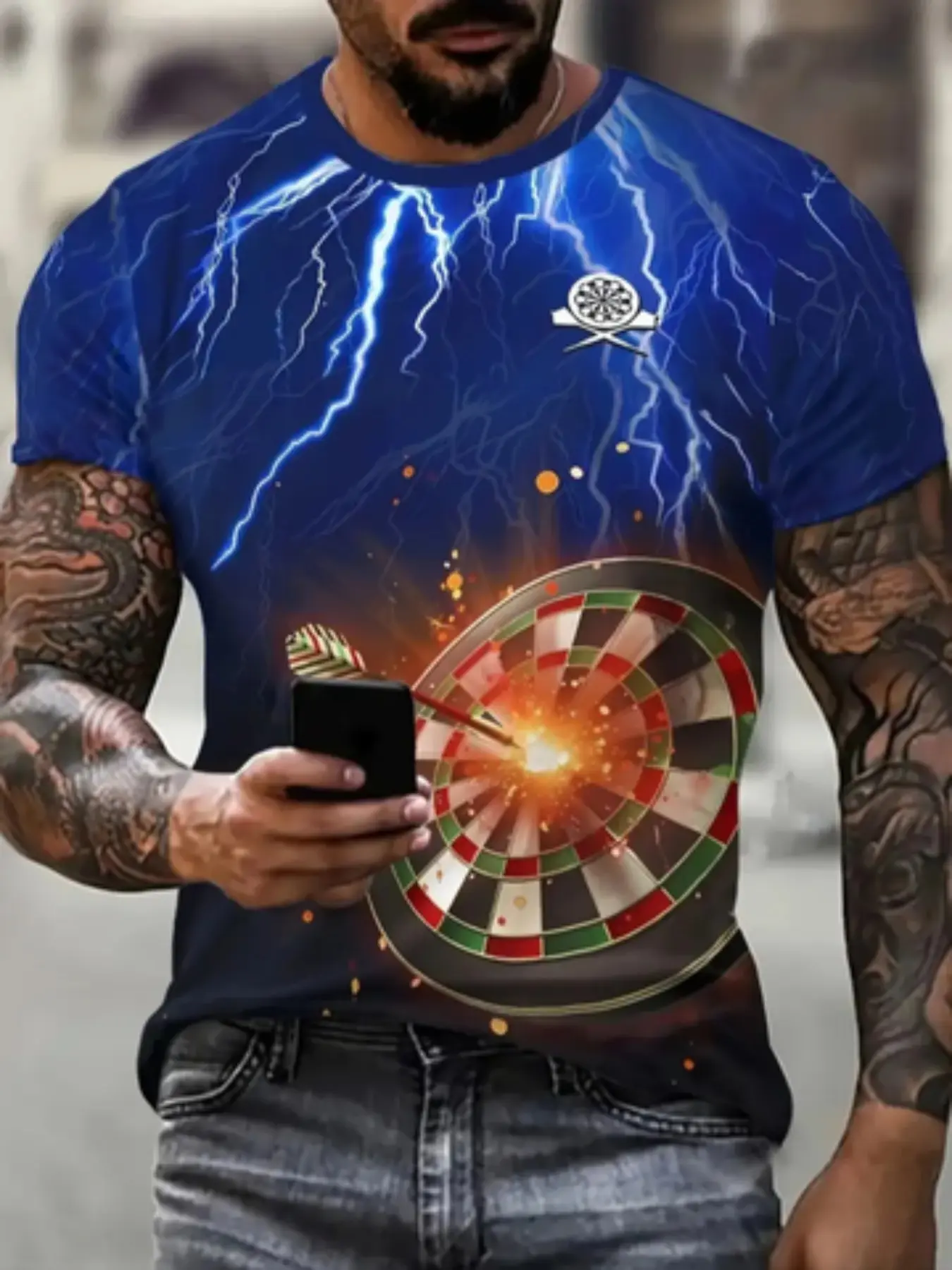 Men's 3D Trendy Dart Graphic T-Shirt, Sportswear Fitness Daily Casual & Holiday Gift, Casual Sport Top, Fitted Short Sleeve Long Tee, All Seasons Minimalist Style