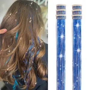 Hair Tinsel Kit Pack of 6 Pcs Hair Tinsel Clip in 20Inch Glitter Tinsel Hair Extensions Heat Resistant Clip in Hair Tinsel Sparkle Fairy Hair Accessories for Kids Girls Women (Blue)