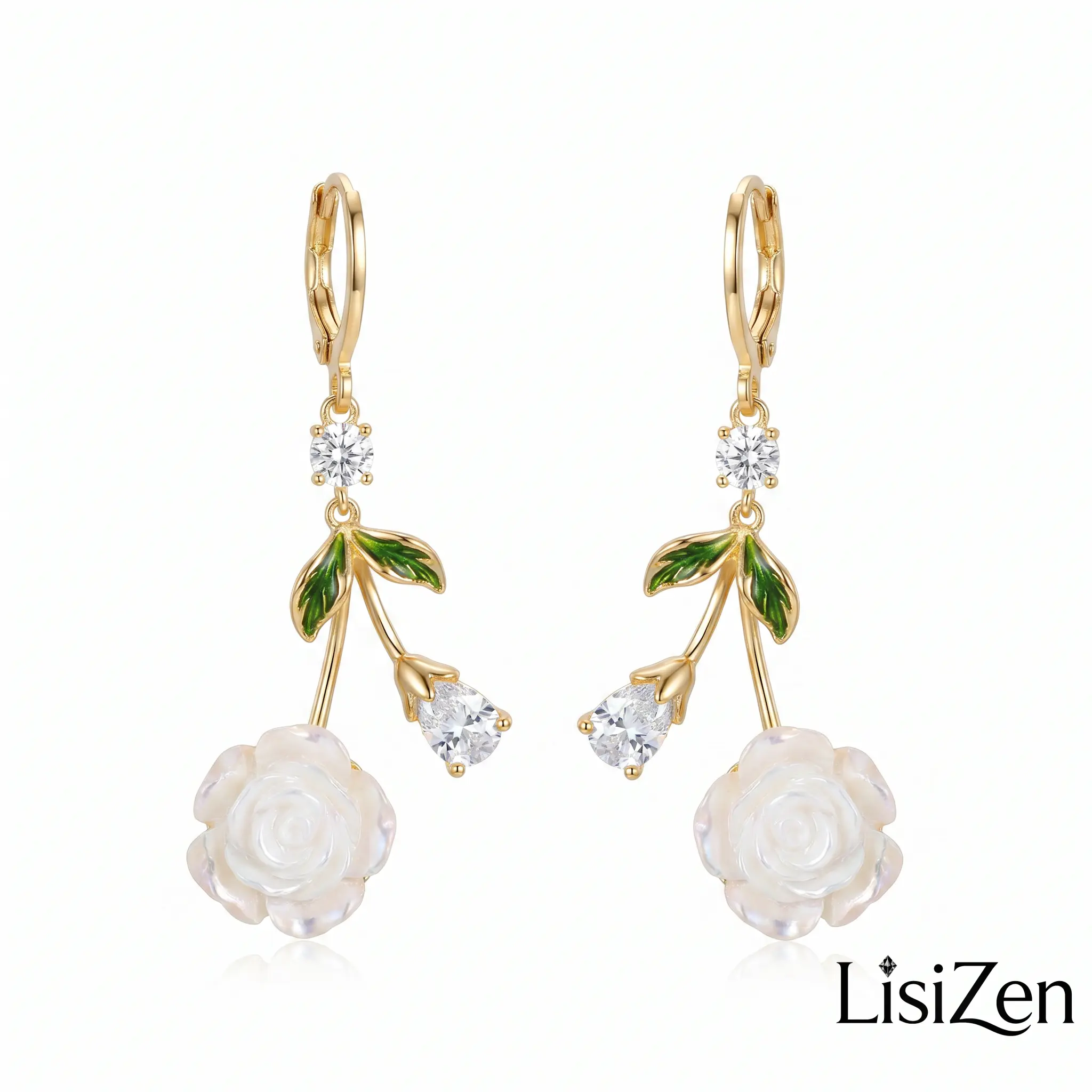 LisiZen French White Rose Zircon Stylish Earrings Light Luxury Fashion Date Elegant Drop Earrings DZEH5763