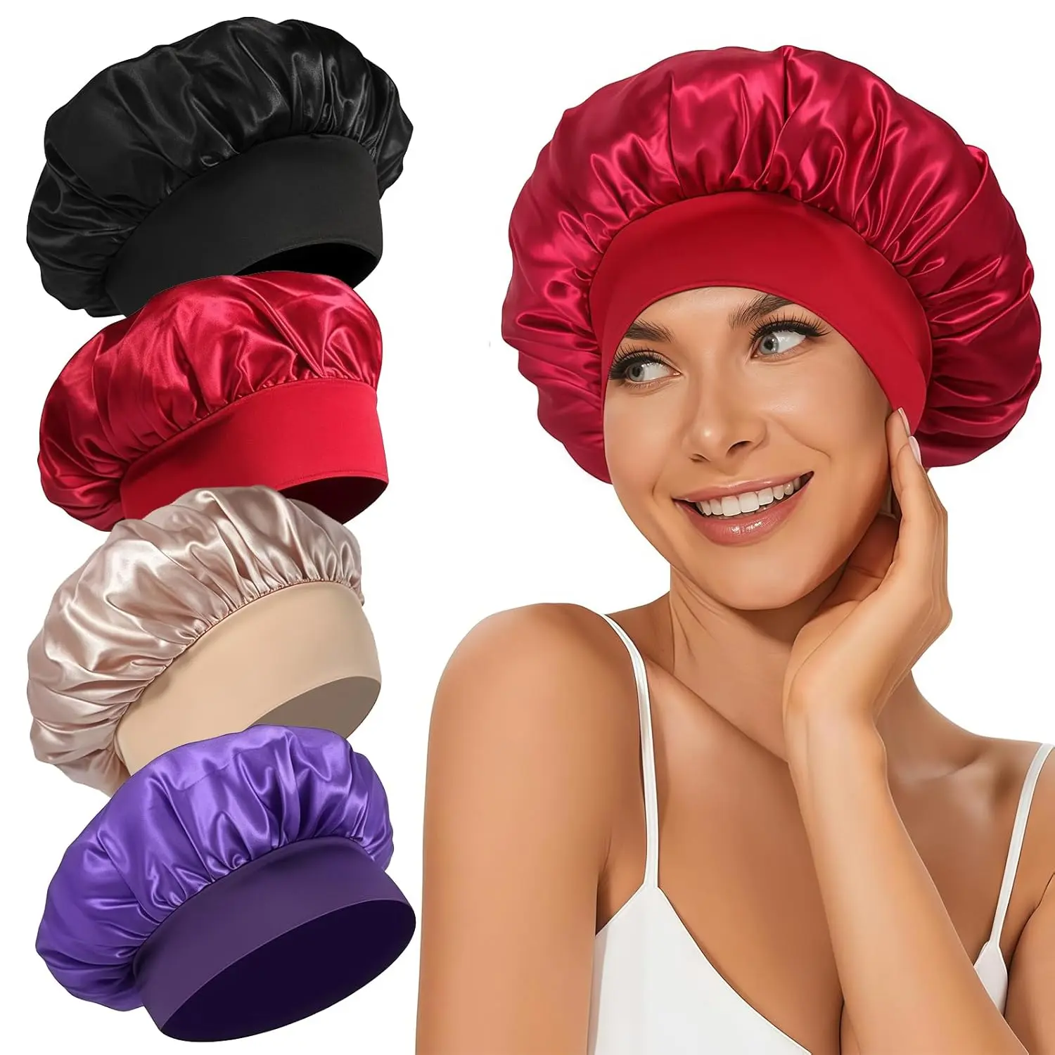 4 count Satin Bonnet Silk Bonnet, Hair Bonnet for Sleeping, Elastic Wide Band Silk Sleep Cap, Soft and Breathable (Black Red Purple )