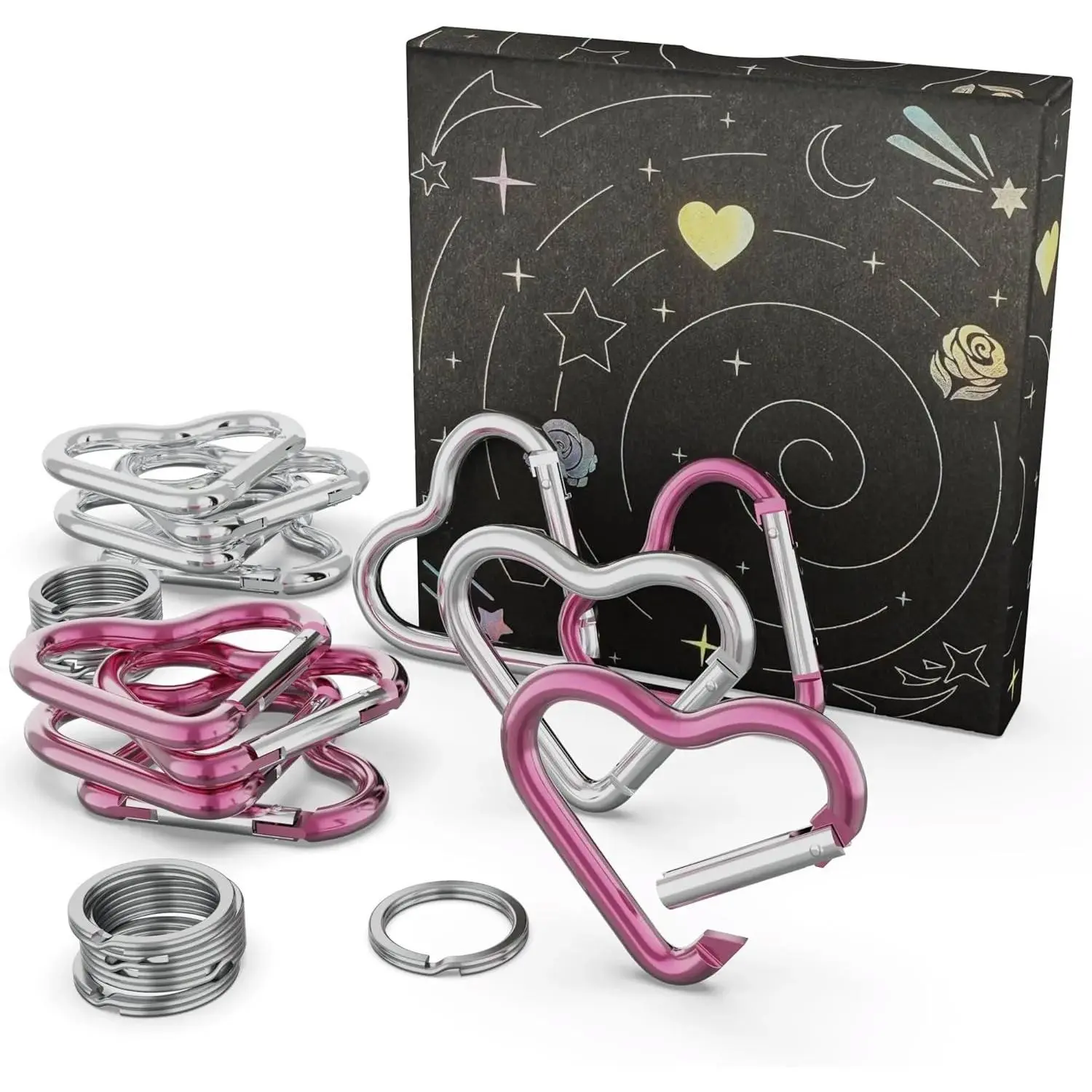 12-Pack Heart Aluminum Carabiner Multi-Pack, Cute Small Aluminum Snap Hooks for Keychains, Includes 24pcs (6 Pink, 6 Silver Carabiners, 12 Flat Key Rings) - Sports & Outdoor Climbing Accessories, Aluminum Material