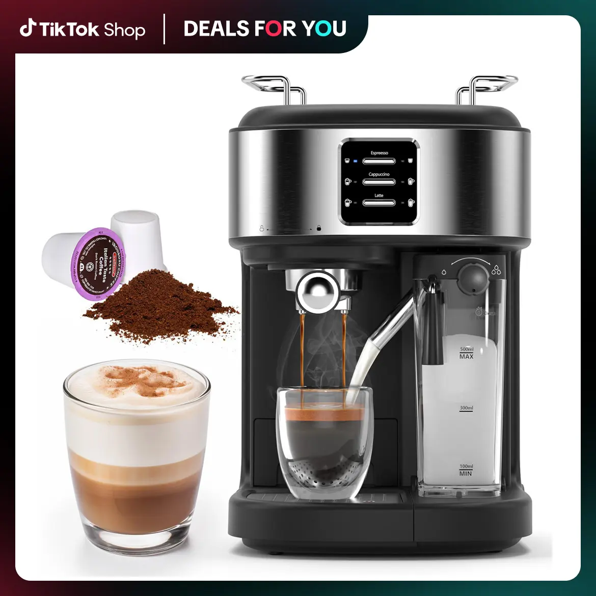 [Deals For You Days]COWSAR Espresso and Cappuccino Machine, 20Bar Latte Machine with Automatic Milk Frother, 3 in 1 Professional Semi-Automatic Espresso Maker with Dual Heating System & Capsule Compatible