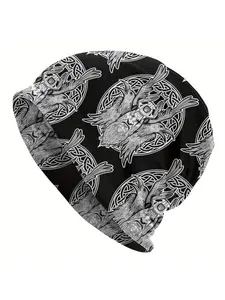 BIIHUDU Men's Viking Norse Beanie Hat - Odin Rune & Celtic Knot Tricorne with Viking & Shield Design, Odin Face Print, Runic, Beanies