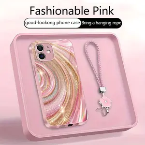Aesthetic glitter swirl case for iPhone 12 with cute flower wrist strap, luxury marble design for girls and women, TikTok viral case — 975