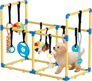 Indoor Puppy Play Gym with PVC Frame, Stretchy Velcro Rope, Snuffle Mat, 8 Hanging Toys - Interactive Dog Boredom Enrichment Agility Training Equipment for Small Dogs resistance bite