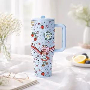 1 Pc mikenda 40 Oz Stainless Steel Tumbler with Handle and Straw, Strawberry Girl Floral Star Design, Double Wall Vacuum Insulated Cup, Keeps Hot 12H/ Cold 24H, Cute Drinkware, Birthday Gift.