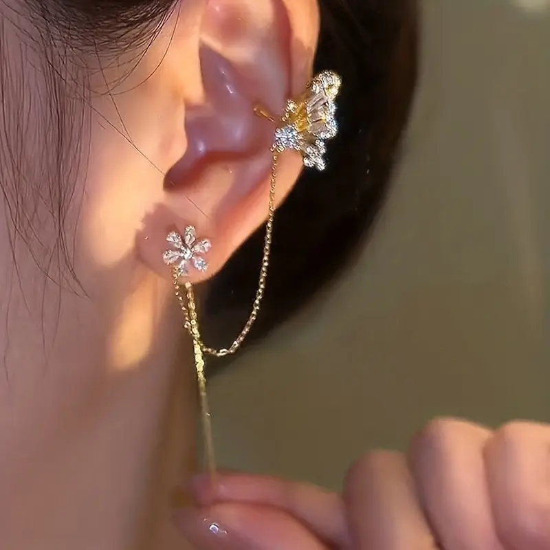 Fashionable and trendy rhinestone jewelry, butterfly love flower ear cuff and ear wire integrated earrings, the perfect holiday gift