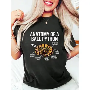 Black women's t-shirt, 180g cotton, round neck, short sleeves, python anatomy snake print, casual fashion, urban style, graphic t-shirt, trend 2023, youth clothing, fashion t-shirt, statement, comfortable cotton Tops Womenswear