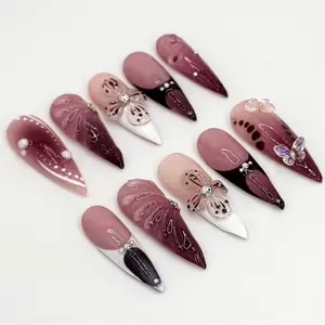 Burgundy Floral 3D Press On Nails | Floral Design with Rhinestones| Floral Accents And Pearl Details | Stylish & Trendy Nail Design